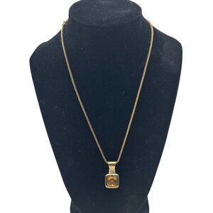 Yellow Citrine Cushion Cut Faceted Pendant Necklace Gold tone Snake Chain